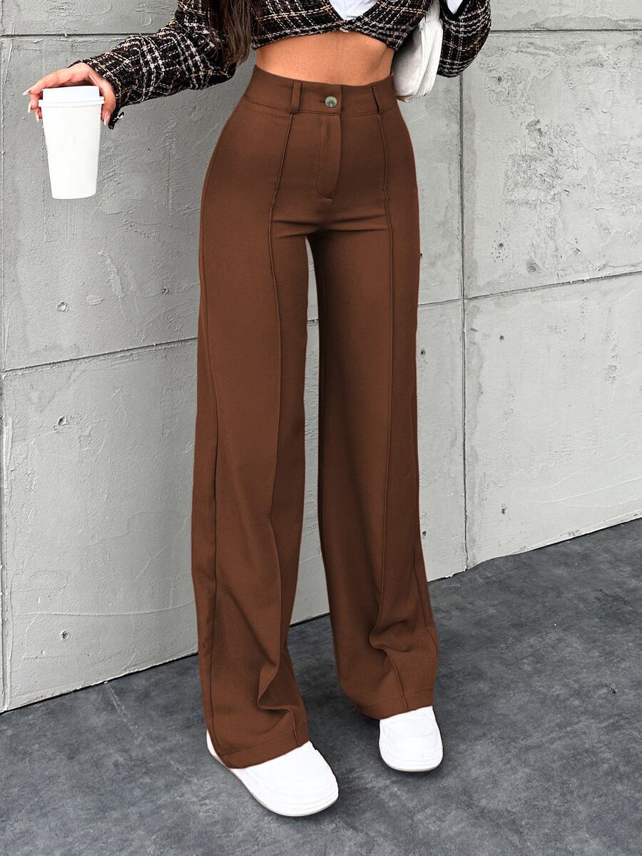 SHEIN Tall Solid Color Toothpick Striped Design Wide Leg Office Autumn Pants - Rust Brown - View 1