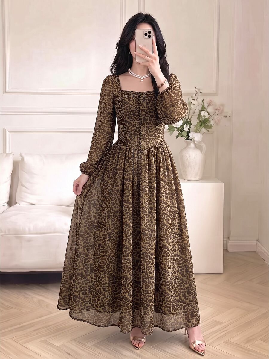 Celisse Women's Vintage Fashion Leopard Print Animal Pattern Square Neck Long Sleeve A-Line Waist-Cinched Slimming Dress For Party And Outing - Multicolor - View 1