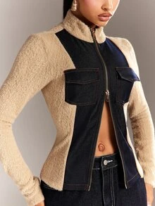 Denimoi Denim Effect Effect And Knit Patchwork Zip-Up Slim-Fit Jacket Stylish High-Neck Après-Ski Style Two-Way Zipper Decorative Pockets Outerwear Streetwear - Khaki - View 2