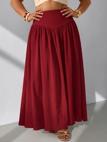 GalTyme Plus Size Minimalist Pleated Loose Long Skirt For Beach Vacation Fall - Burgundy - View 5
