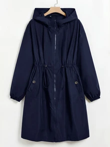 SHEIN EZwear 大尺碼抽繩腰低肩連帽夾克外套 秋冬款 - 藏蓝色 - 查看 1