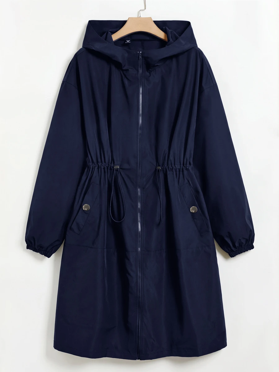 SHEIN EZwear 大尺碼抽繩腰低肩連帽夾克外套 秋冬款 - 藏蓝色 - 查看 1