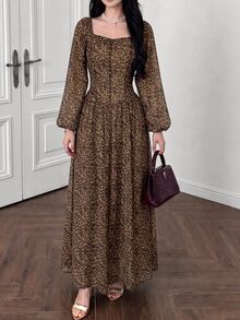 Celisse Women's Vintage Fashion Leopard Print Animal Pattern Square Neck Long Sleeve A-Line Waist-Cinched Slimming Dress For Party And Outing - Multicolor - View 3