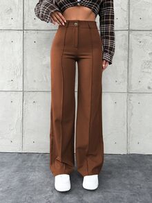 SHEIN Tall Solid Color Toothpick Striped Design Wide Leg Office Autumn Pants - Rust Brown - View 5