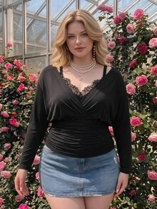 SHEIN MOD Plus Size Women's Lace Patchwork Pleated Casual Daily T-Shirt - Black - View 1