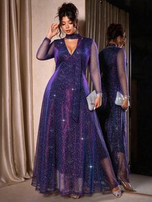 Cravure Plus Size Heavy Embellished Glitter Starry Sky Mesh Maxi Dress, V-Neck Tie Waist Evening Gown For Party - Purple - View 6