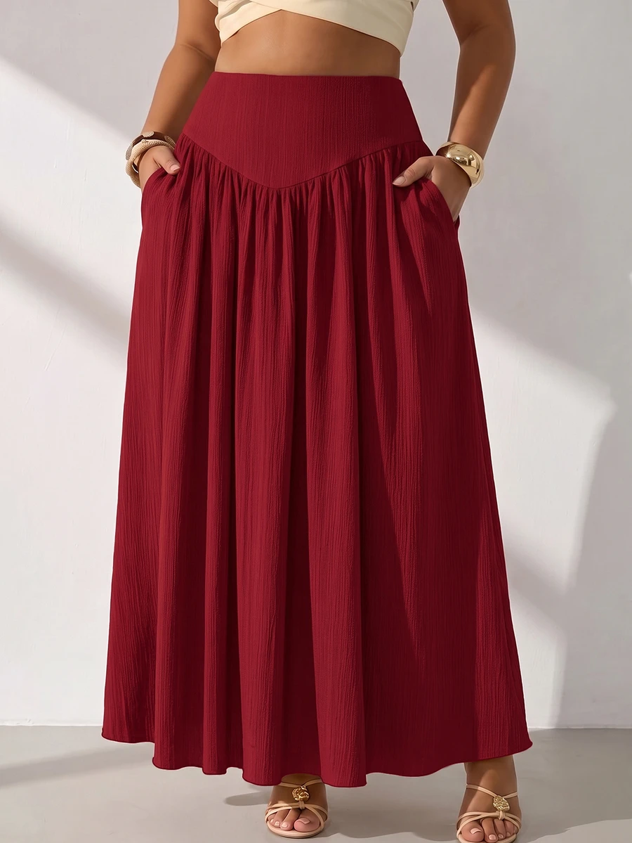 GalTyme Plus Size Minimalist Pleated Loose Long Skirt For Beach Vacation Fall - Burgundy - View 1