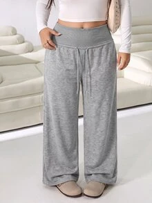 Solflare Light Gray Plus Size Women's Solid Color Drawstring High Waist Wide Leg Casual Sports Pants - Soft And Comfortable, Suitable For Fitness, Work, Home And Sports In Autumn/Winter - Light Grey - View 3
