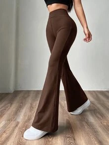 SHEIN EZwear 大尺碼女款高腰針織喇叭褲，修身顯瘦，咖啡棕秋季風格 - 咖啡棕 - 查看 3