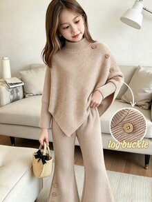 SHEIN (Young Girl) 春/秋/冬休閒T恤套裝，設計感不對稱套頭高領針織羅紋磨毛布料，前下擺咖啡色鈕扣裝飾，米色純色長袖T恤上衣搭配喇叭長褲，2件套適合春/秋/冬返校季，優雅淑女風高端日常校園、出遊、旅行、派對穿著 - 卡其色 - 查看 4