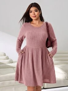Solflare Plus Size Casual Versatile Solid Color Dress Fall - Dusty Pink - View 3