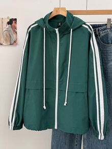 SHEIN EZwear 大尺碼女款休閒側條紋連帽綠色夾克/秋冬款 - 彩色 - 查看 1