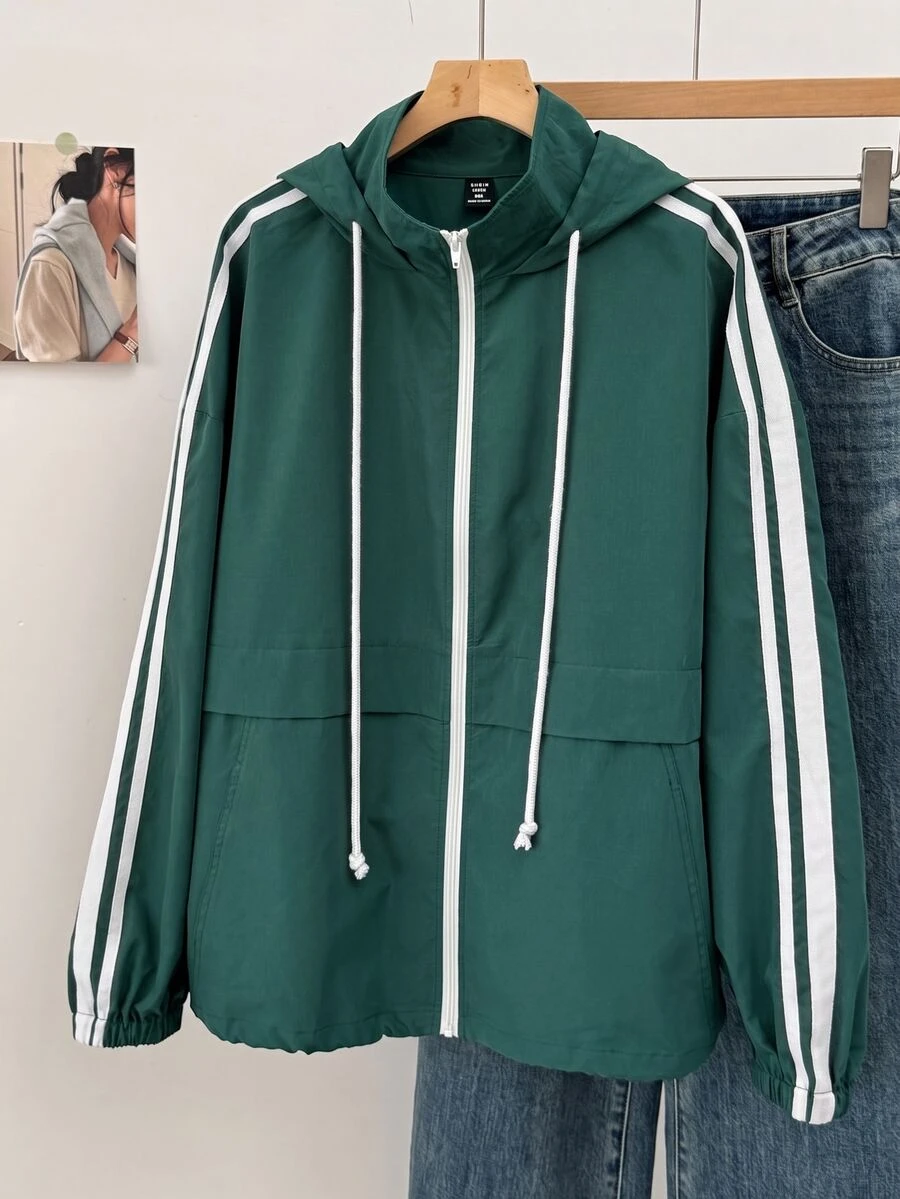 SHEIN EZwear 大尺碼女款休閒側條紋連帽綠色夾克/秋冬款 - 彩色 - 查看 1