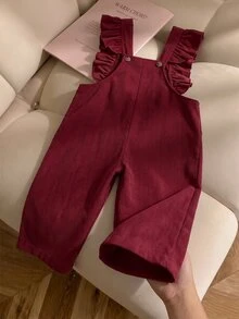 SHEIN Elladie kids 女童燈芯絨荷葉邊裝飾吊帶褲，純色寬腿直筒連身褲，適合秋冬 - 紅色 - 查看 2