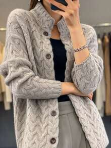 SHEIN Franclia Cardigan Rajut Wanita Model Baru Warna Polos Gaya Vintage Serbaguna dengan Bukaan Depan, Potongan Longgar, dan Kerah Tegak yang Melangsingkan - Grey - View 4
