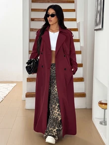 SHEIN EZwear 大尺碼女款純色翻領長袖雙排扣長版風衣外套 春秋辦公室黑色商務休閒優雅 - 酒紅色 - 查看 8
