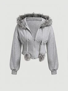 SHEIN MOD Plus Size Women's Plush Patchwork Casual Everyday Hooded Sweatshirt - Grey - View 2
