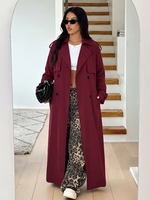 SHEIN EZwear 大尺碼女款純色翻領長袖雙排扣長版風衣外套 春秋辦公室黑色商務休閒優雅 - 酒紅色 - 查看 7