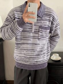 Claim Dot 秋冬新款 POLO 領長袖不對稱條紋拉鍊半開襟胸前口袋套頭衫 - 淺灰紫 - 查看 4