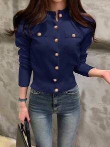 INAWLY 女款休閒簡約純色開襟衫，秋冬百搭女裝 - 寶藍色 - 查看 4