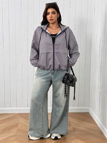 SHEIN EZwear 大尺碼女款格子拉鍊連帽休閒寬鬆優雅日常通勤外出派對夾克外套 秋季 白色 - 彩色 - 查看 8