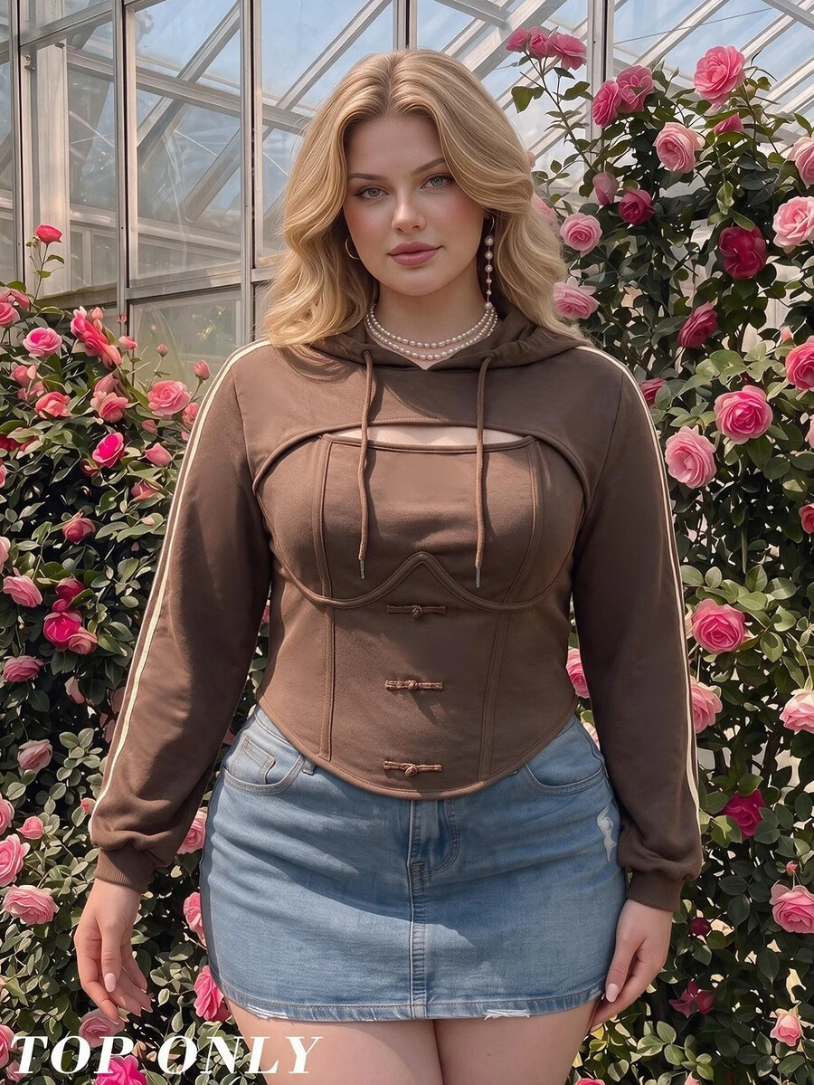 SHEIN MOD Plus Size Women's Brown Napoleon Buttons Faux Two-Piece Sweatshirt Colorblock Casual Everyday Sweatshirt Festival Concert Fall/Winter - Brown - View 1