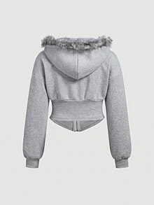 SHEIN MOD Plus Size Women's Plush Patchwork Casual Everyday Hooded Sweatshirt - Grey - View 3