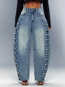 Denimoi Button Detail Barrel Jeans Fashion Jeans Cool Girl Outfits Fashion Denim Barrel Leg - Medium Wash - View 2