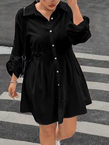 Muchica Plus Size Casual Black Front Button Shirt Dress (No Belt) For Autumn/Winter - Multicolor - View 3