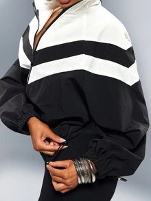 Denimoi Kort nylonjacka med färgblock, dragkedja fram och hög krage, moderiktig streetwear för avslappnad stil i kallt väder - Svart och Vitt - Visa 7