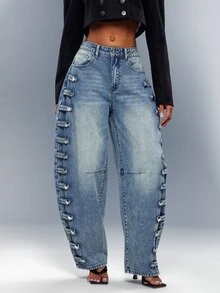 Denimoi Button Detail Barrel Jeans Fashion Jeans Cool Girl Outfits Fashion Denim Barrel Leg - Medium Wash - View 5