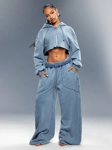 Cropped Raw Edge Zip Front Hoodie With Denimoi Patch Washed Fashionable Streetwear Lounge - Blue - View 3