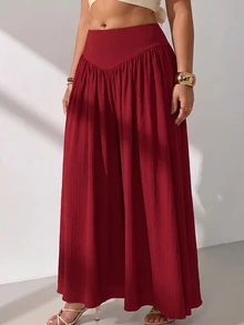 GalTyme Plus Size Minimalist Pleated Loose Long Skirt For Beach Vacation Fall - Burgundy - View 6