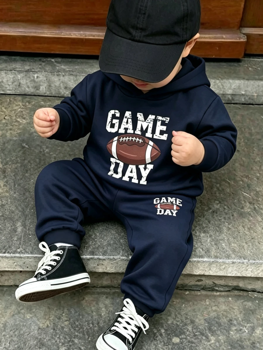 2pcs Baby Boys' Football Letter Print Hooded Sweatshirt And Pants Set, Spring/Fall - Black - View 1