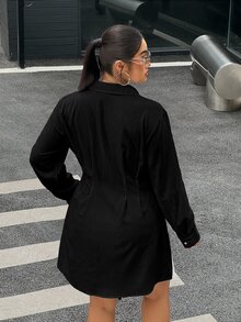 Muchica Plus Size Casual Black Front Button Shirt Dress (No Belt) For Autumn/Winter - Multicolor - View 2