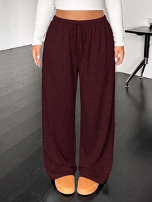 SHEIN EZwear 大尺碼休閒柔軟抽繩腰鬆身長直筒針織長褲 秋季健身正式灰色 - 酒紅色 - 查看 1