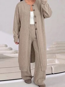 Solflare 大尺碼女款寬鬆純色羊絨針織開襟衫，休閒極簡長版毛衣外套，適合秋冬度假與正式場合，深綠色 - 卡其色 - 查看 3