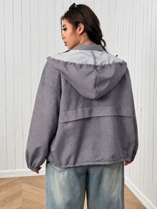SHEIN EZwear 大尺碼女款格子拉鍊連帽休閒寬鬆優雅日常通勤外出派對夾克外套 秋季 白色 - 彩色 - 查看 3