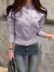 INAWLY 女款休閒簡約純色開襟衫，秋冬百搭女裝 - 淡紫色 - 查看 4