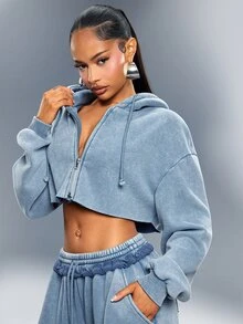 Cropped Raw Edge Zip Front Hoodie With Denimoi Patch Washed Fashionable Streetwear Lounge - Blue - View 4