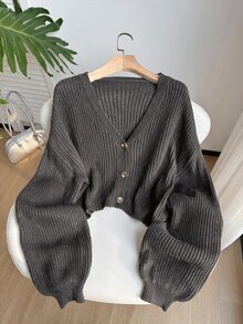 SHEIN EZwear 大尺碼休閒傳統寬鬆純色鈕扣開襟羅紋針織開襟衫，秋冬正式畢業度假棕色 - 深灰色 - 查看 1