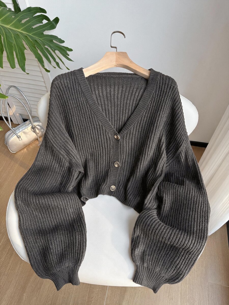 SHEIN EZwear 大尺碼休閒傳統寬鬆純色鈕扣開襟羅紋針織開襟衫,秋冬正式畢業度假棕色 - 深灰色 - 查看 1