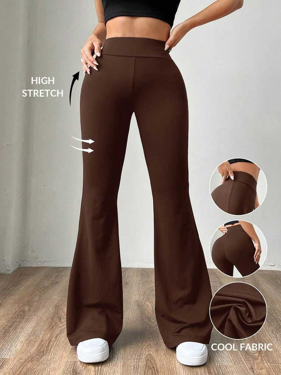 SHEIN EZwear 大尺碼女款高腰針織喇叭褲,修身顯瘦,咖啡棕秋季風格 - 咖啡棕 - 查看 1