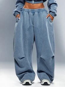 Denimoi Washed Studded Wide Leg Sweatpants Fashionable Streetwear Lounge Wear Airport Outfit Cool Girl - Blue - View 1