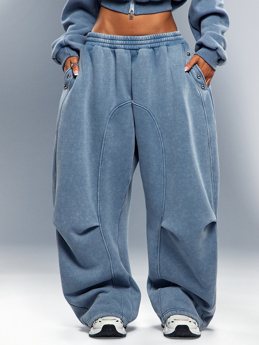 Denimoi Washed Studded Wide Leg Sweatpants Fashionable Streetwear Lounge Wear Airport Outfit Cool Girl - Blue - View 1