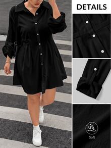 Muchica Plus Size Casual Black Front Button Shirt Dress (No Belt) For Autumn/Winter - Multicolor - View 5