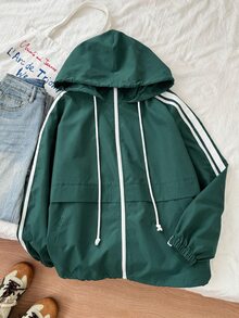 SHEIN EZwear 大尺碼女款休閒側條紋連帽綠色夾克/秋冬款 - 彩色 - 查看 3