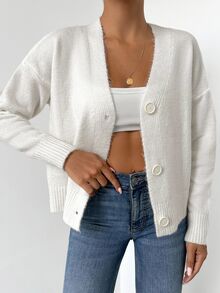 SHEIN Women's Tall Size Drop Shoulder Button Front Casual Solid Color Cardigan - White - View 2