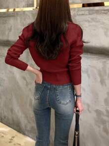 INAWLY 女款休閒簡約純色開襟衫，秋冬百搭女裝 - 酒紅色 - 查看 3