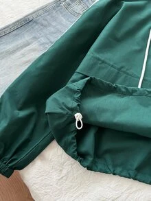 SHEIN EZwear 大尺碼女款休閒側條紋連帽綠色夾克/秋冬款 - 彩色 - 查看 4